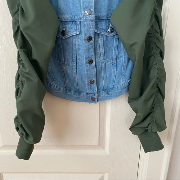 $498 NWOT Veronica Beard Emelia Denim Paneled Ruched Sleeves Bomber Jacket sz S